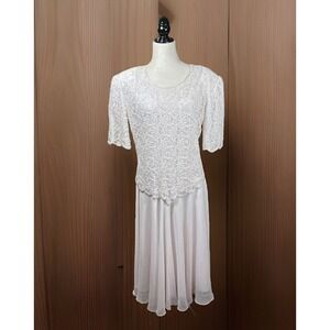 Vintage Pale Pink Beaded Evening Gown Chiffon Strong Shoulders 80s Dynasty‎ 1X